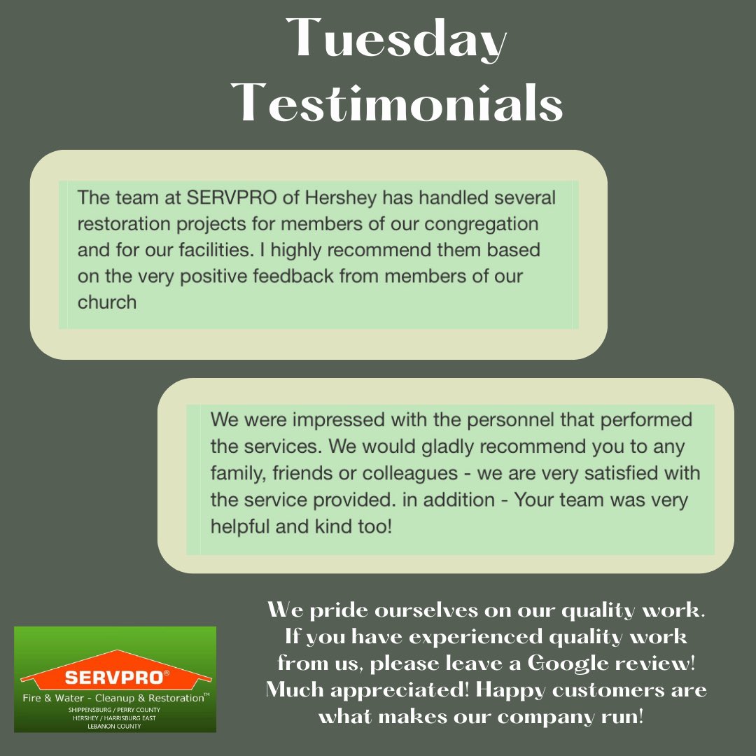 Testimonial Tuesday 

#restoration #remediation #servpro #watermitigation #waterremediation #moldremediation #firedamagerestorationservice #firedamagecleanup