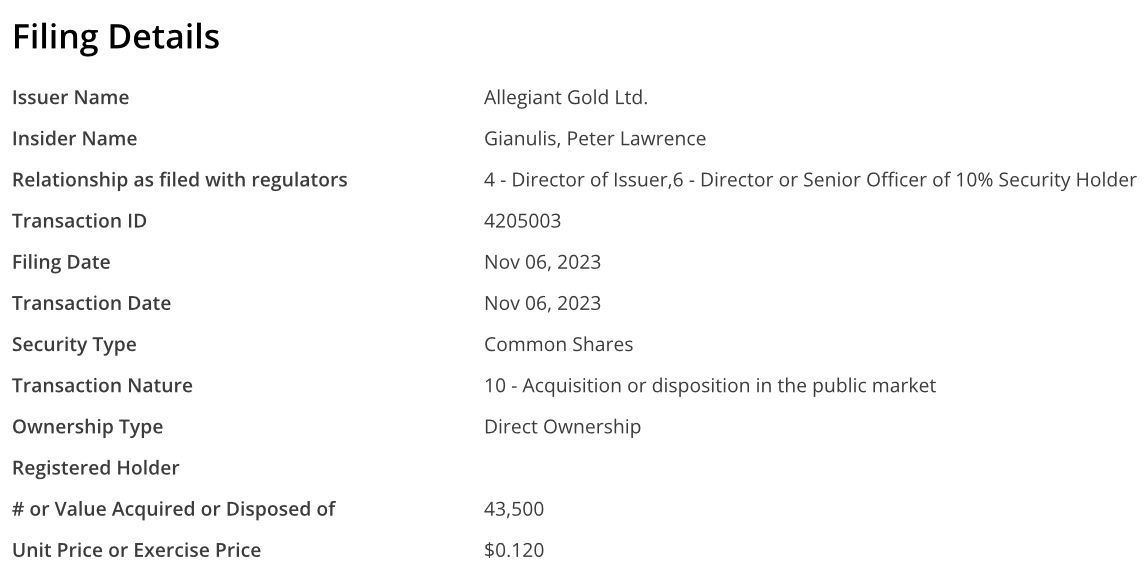 🔔 Exciting News for #AllegiantGold Community!

Allegiant Gold’s CEO continues to acquire shares of Allegiant in the open market.

43,500 shares, reaffirming belief in the company's value. 

#Gold #InsiderBuying #Investment $AUAU