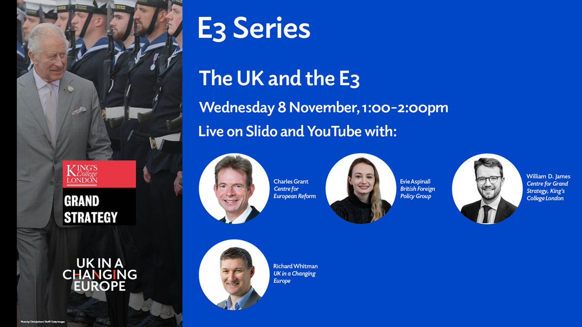 👥 Our #E3Series of events with @KCL_CGS kicks off tomorrow! The first panel will discuss the UK’s approach to European security post-Brexit with: ➡️ @RGWhitman, @w_d_james, @EvieAspinall_, @CER_Grant ⏰ 1-2pm, 8 November ✍️ Sign up now ukandeu.ac.uk/events/e3-seri…