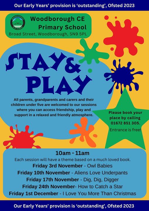 🌟BOOK NOW 🌟  Our popular Stay and Play sessions are back for this term and we are looking forward to welcoming ALL children under 5 for our themed sessions.
😀 Share and tag a friend who would love to come along!
