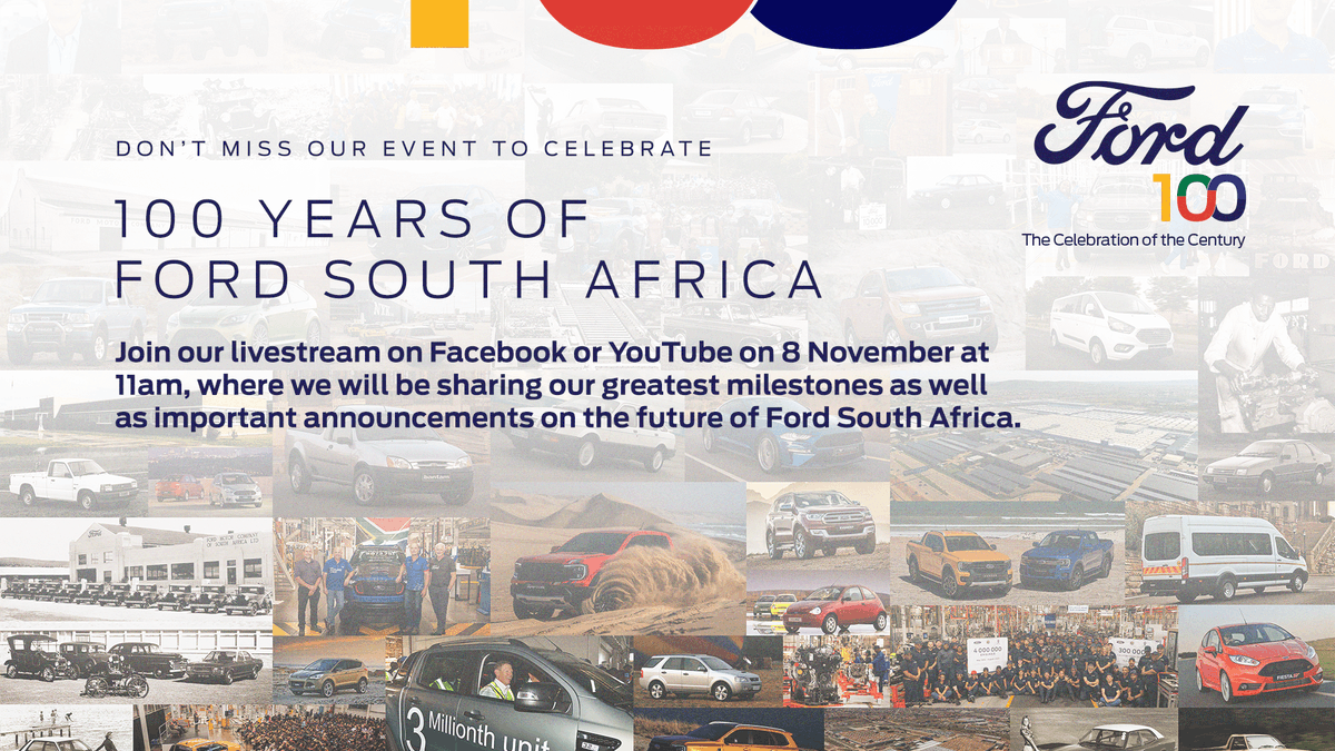 In celebration of 100 years in SA, on 8 November, at our Silverton Plant, we will be sharing exciting announcements that will shape the future of the #automotive industry in South Africa. RSVP on Facebook to watch live: ford.to/3QN7y9S #FordSA100 #CelebrationOfTheCentury