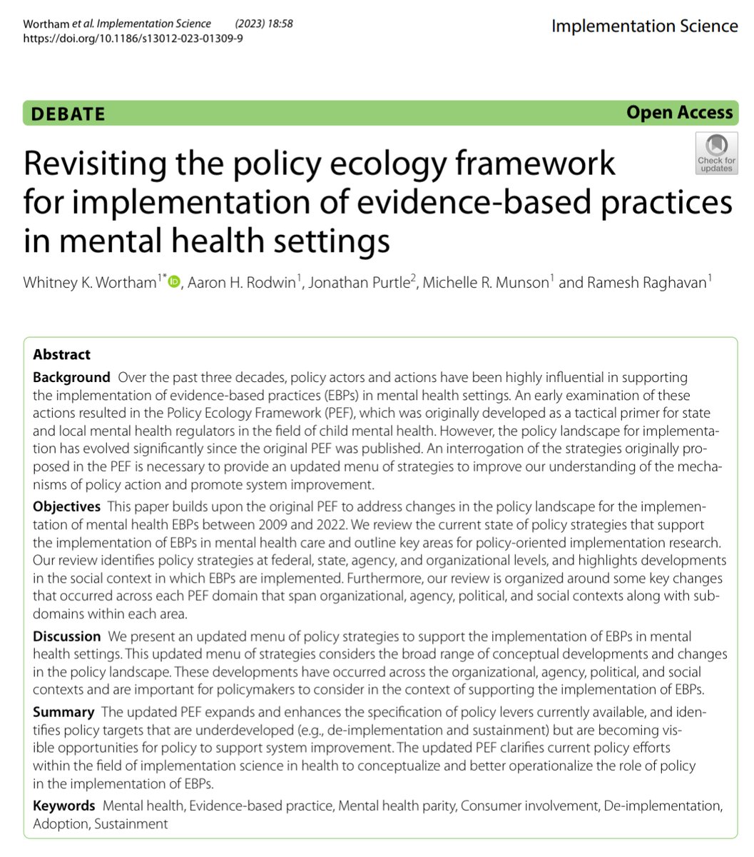 New paper led by Whitney Wortham on revisiting the policy ecology framework! We discuss updates to policy strategies that may support implementation of EBPs in mental health settings. @JonathanPurtle @MMunsonPhD Ramesh Raghavan @ImplementSci #PEF #ImpSci 
…plementationscience.biomedcentral.com/articles/10.11…