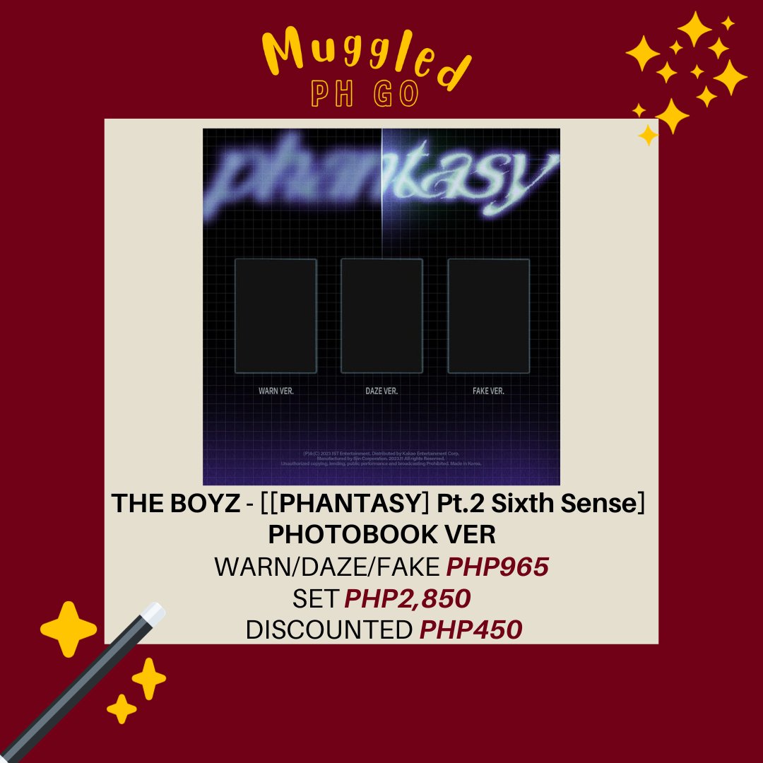 muggledPH's tweet photo. THE BOYZ - 2nd Full Album [[PHANTASY] Pt.2 Sixth Sense] 
💿PB ₱965 (DISC ₱450)
💿DVD ₱700
✅LONG DOP
✅FIRST PRESS

🚢NETA
DOO: NOV 19
50% DP: NOV 19
REMBAL: ONHAND

➢https://t.co/tUb60Vt5Pi

t. wts lfb ph go pasabuy pre order tbz
#MuggledPHGo https://t.co/FYmIORJpmC