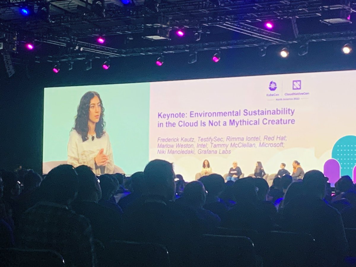 The keynote I wanted to see the most today 🌍 VM rightsizing achieved 45%-ish carbon footprint reduction. VERY important topic. Thank you <a href="/ffkiv/">🦄 Frederick Kautz (Emeritus KubeCon Co-Chair)</a>, <a href="/copperflame/">Marlow W.</a>, @NikiMnldk, <a href="/ModFarmWife/">Tammy McClellan</a>, and Rimma!! 💚🌱
