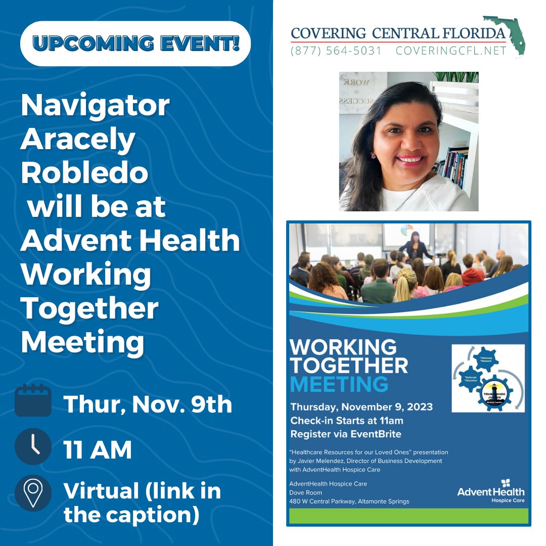 Join Covering Central Florida Navigator Aracely at the Advent Health Working Together Meeting! 💙
📅 Date: Thursday, November 9th
🕒 Time: 11 A.M.
📍 Location: eventbrite.com/e/hospice-101-…