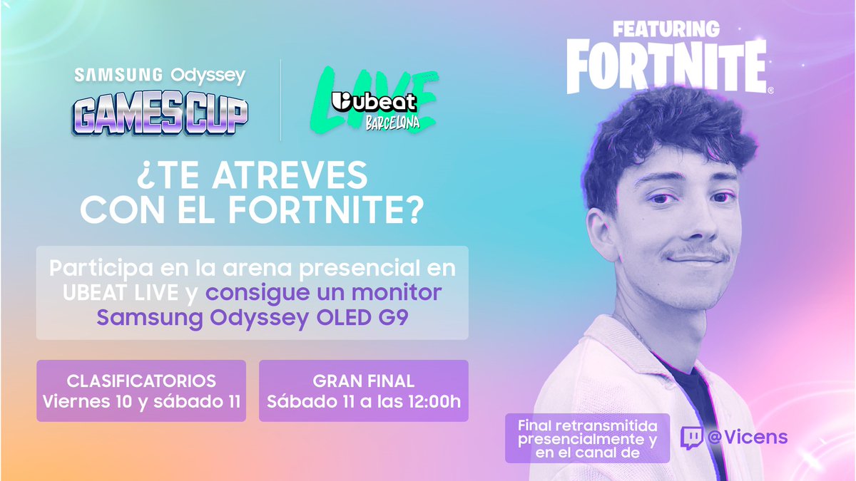 🪐¿Te atreves con la Samsung Odyssey Cup de Fortnite?

Van a <a href="/UBEAT/">ubeat</a> LIVE Barcelona y participa en la arena presencial para llevarte un monitor <a href="/SamsungEspana/">Samsung España</a> Odyssey OLED G9 📺

Clasificatorios: 10 y 11 de noviembre
Gran Final: 11 de noviembre - 12:00h

🎟️live.ubeat.tv/es/