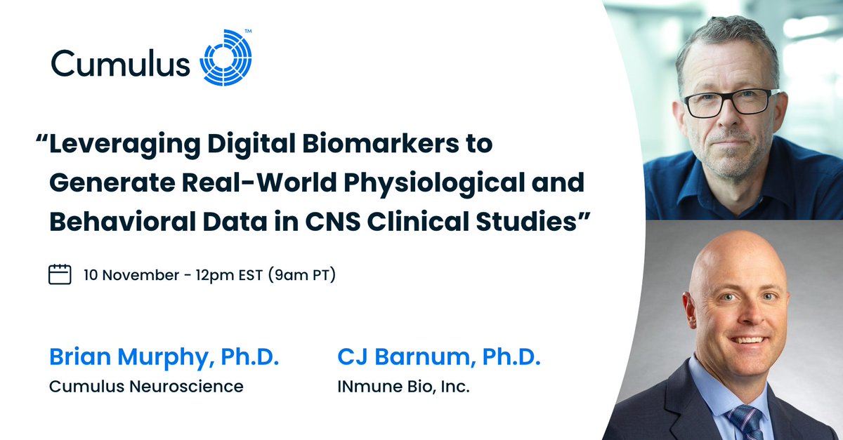 For #AlzheimersAwarenessMonth, @CumulusNeuro is honored to be sponsoring a webinar on Friday November 10th titled 'Leveraging Digital Biomarkers to Generate Real-World Physiological and Behavioral Data in CNS Clinical Studies'. #ENDALZ #CNS #neuroscience