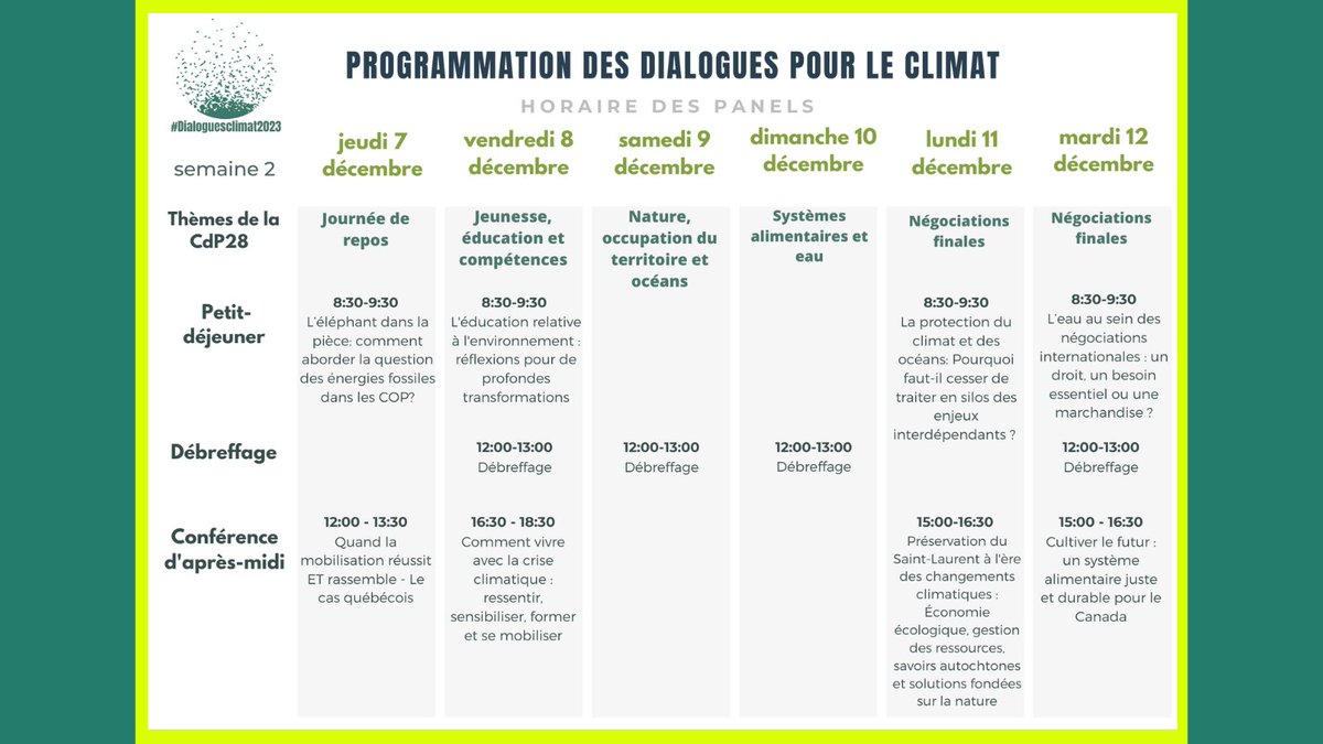 ENvironnement JEUnesse (ENJEU) (@enjeuquebec) on Twitter photo Les <a href="/Dialoguesclimat/">Dialogues pour le climat</a>, un espace inclusif et intergénérationnel pour plus d’ambition climatique, vous propose une programmation gratuite pour mieux comprendre les enjeux climatiques durant la #COP28.
Découvrez la programmation ➡️dialoguespourleclimat.com
#Dialoguesclimat2023 Les <a href="/Dialoguesclimat/">Dialogues pour le climat</a>, un espace inclusif et intergénérationnel pour plus d’ambition climatique, vous propose une programmation gratuite pour mieux comprendre les enjeux climatiques durant la #COP28.
Découvrez la programmation ➡️dialoguespourleclimat.com
#Dialoguesclimat2023