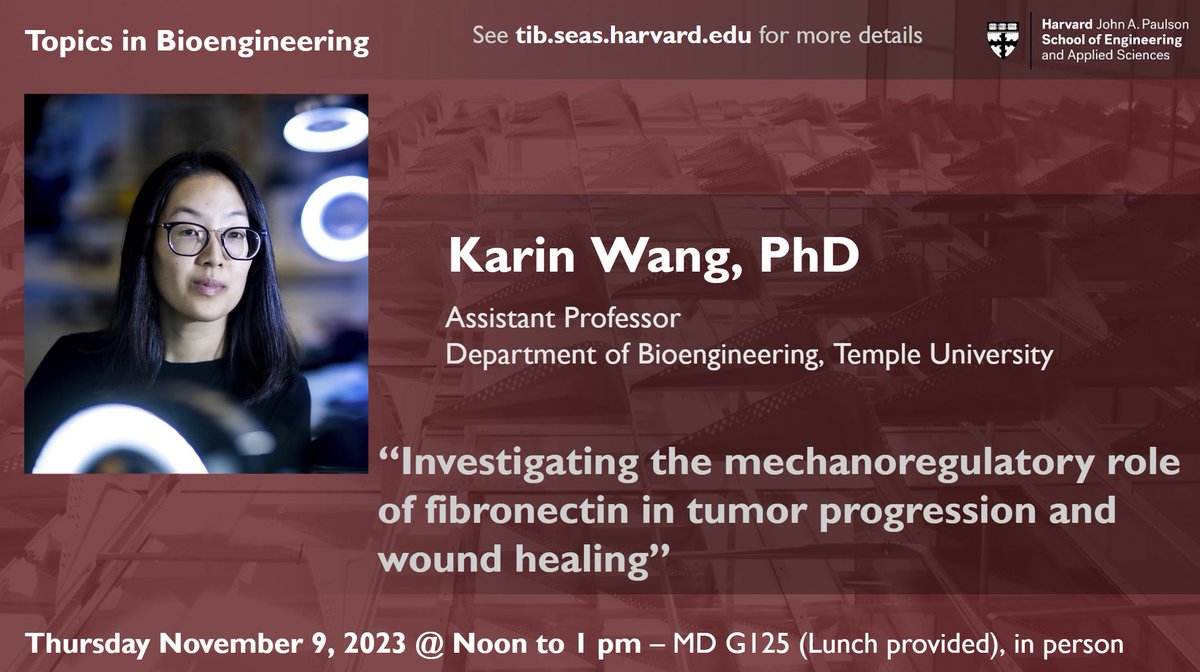 stoked for this week's #TopicsBioEng @hseas with @Karin_Wang26 @templebioe who will be presenting her awesome work on fibronectin mechanotransduction!!!! check it out tib.seas.harvard.edu 🙂🙂