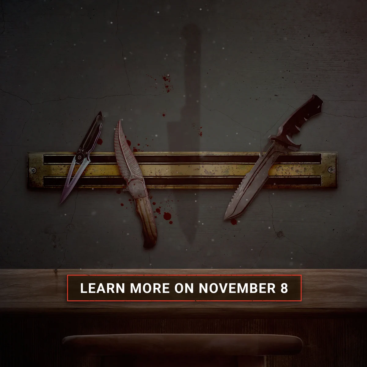 A rack of knifes hung on the wall. One knife appears to have been removed recently.