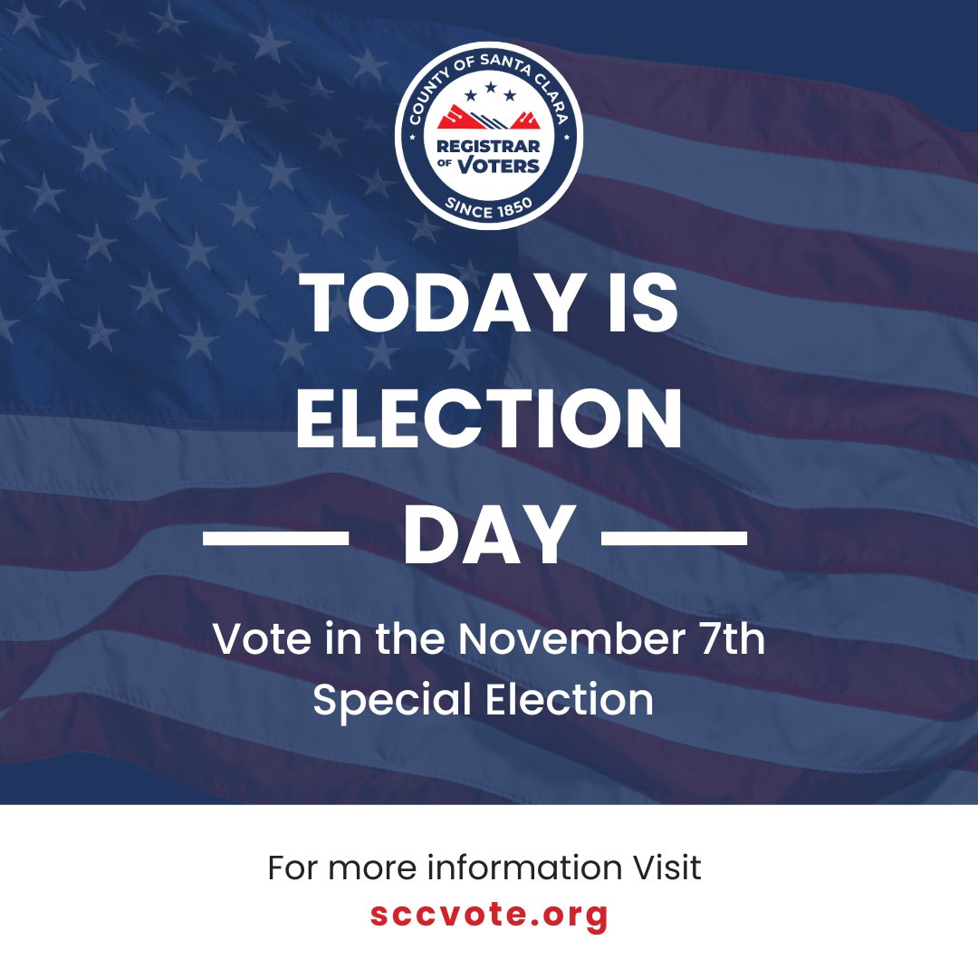 sccvote's tweet image. Today is Election Day! 🗳️ Get out and vote! Find a Vote Center or official drop box near you at rovservices.sccgov.org. Remember to be in line by 8 p.m. to cast your ballot. If you plan to vote by mail, remember that your ballot must be postmarked by November 7th. #VOTE #sccvote