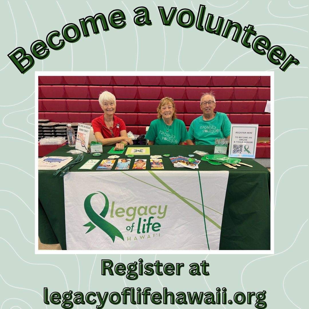 Looking for volunteer opportunities? Become a volunteer at Legacy of Life Hawai'i! 😁 One of the great opportunities you'll be able to share is educating our community on organ and tissue donation. Sign up online at legacyoflifehawaii.org 😊 #legacyoflifehi #donatelife