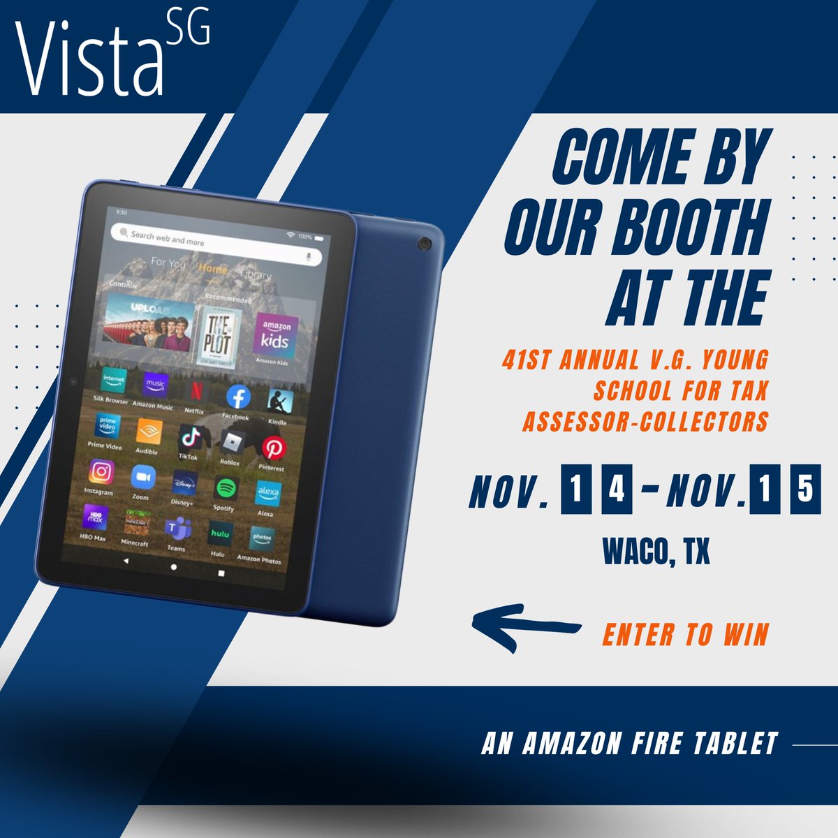 VistaSG's tweet image. Come see us at the 41st Annual V.G. Young School for Tax Assessor-Collectors Conference! Be sure to ask how you can win an Amazon Fire Tablet! #giveaway #governmentsolutions #documentmanagement #dms #digitize #automate #protect #Texas #tax #tac
