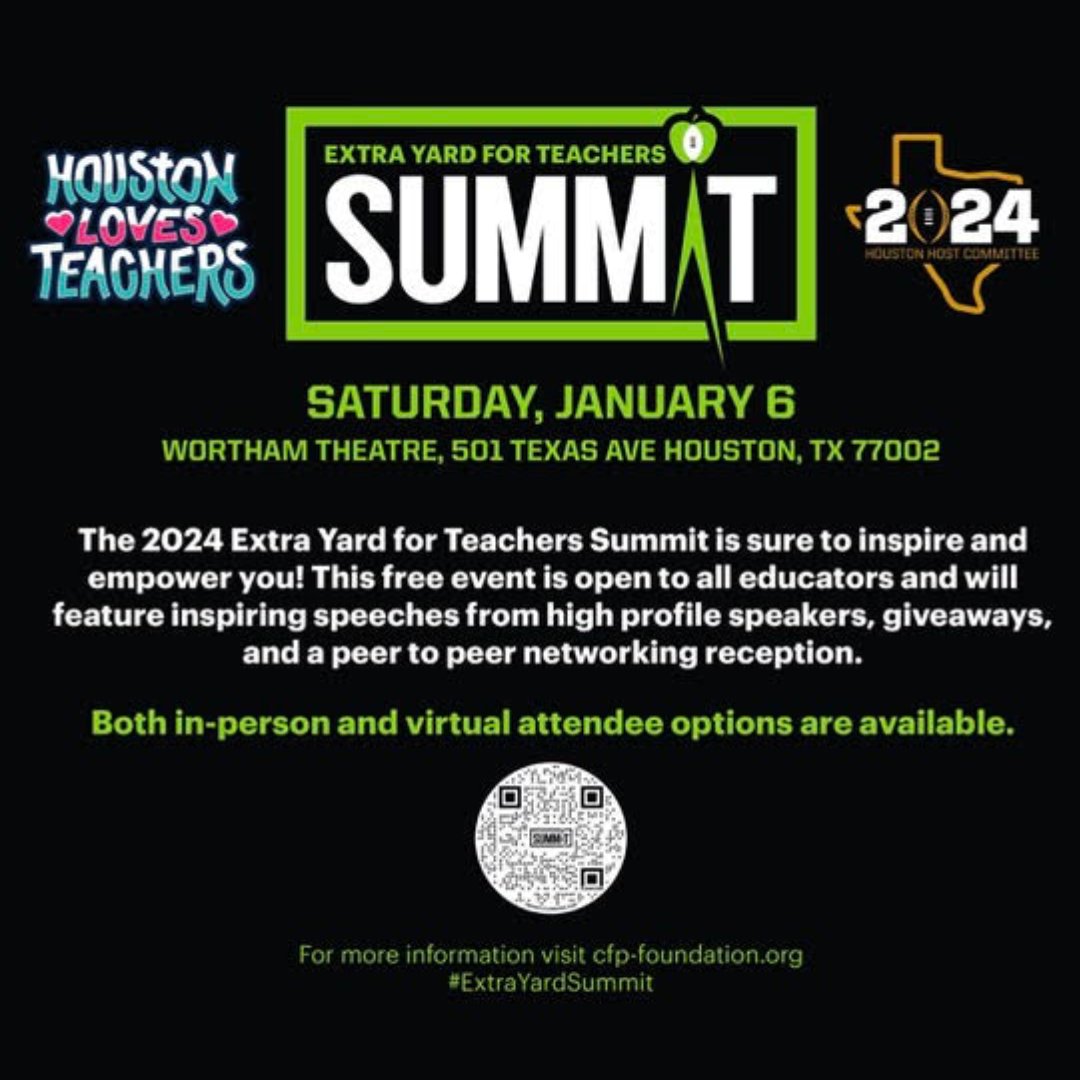 Secure your spot at the Extra Yard for Teachers Summit in Houston—an event dedicated to empowering our amazing teachers! Seize this opportunity to connect with peers and access valuable resources to boost your career. Register today at ow.ly/NoQB50Q4mg1! #TeachersSummit