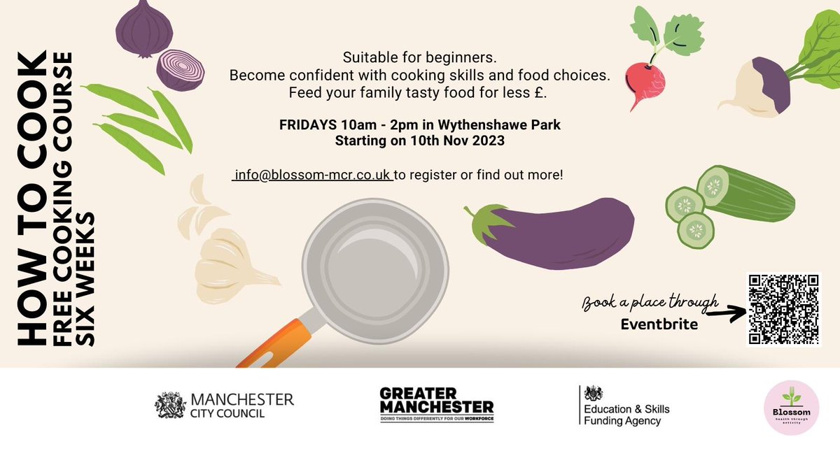 BlossomMcr's tweet photo. HOW TO COOK - FREE COOKING COURSE - SIX WEEKS from Friday 10th November.

Book through Eventbrite here:

https://t.co/xobgz3jqFB https://t.co/B8UfdfFWRx