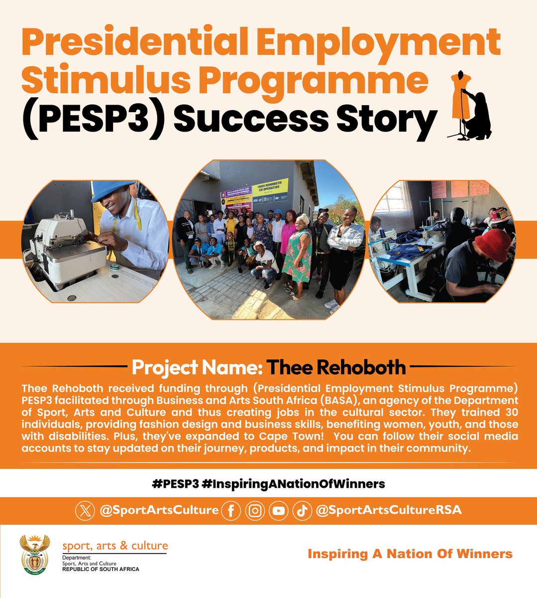 SportArtsCultur's tweet image. The Presidential Employment Stimulus Programme (PESP) is a government initiative aimed towards creating employment for artists, creatives, heritage sector workers and cultural workers after the impact of COVID-19.

#InspiringANationOfWinners 
#PESP3