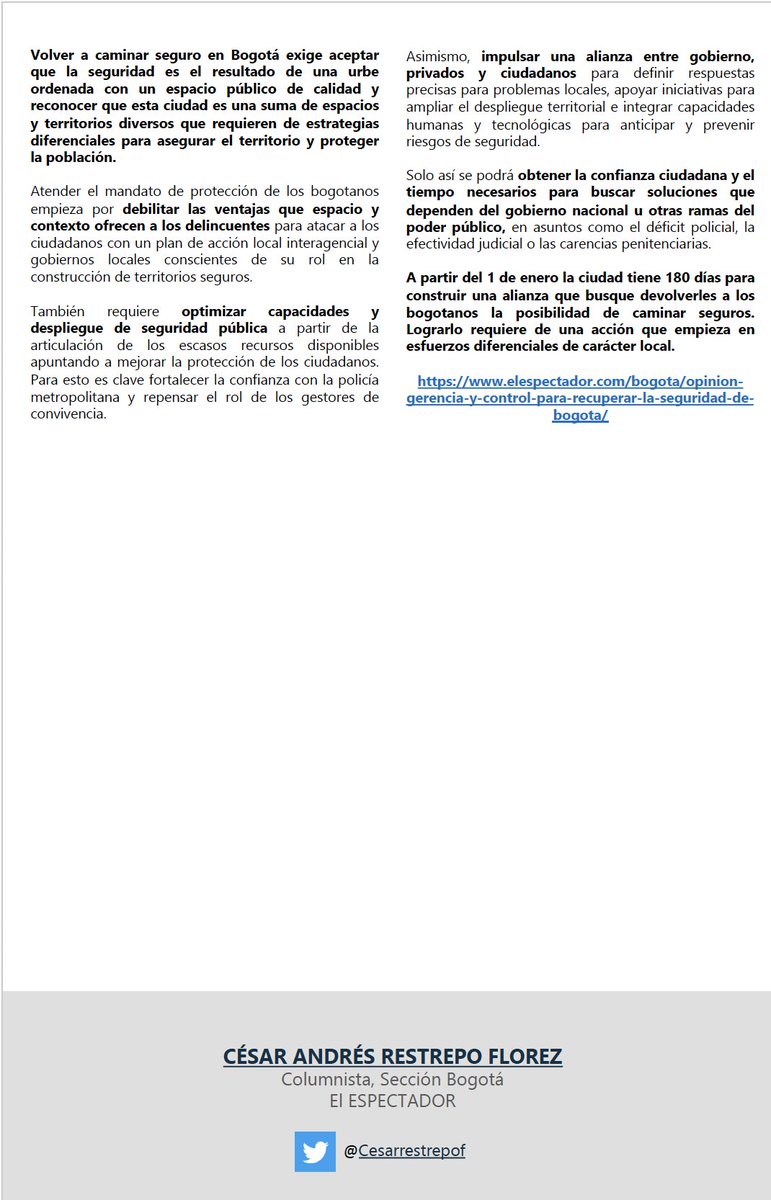 El ataque y violación a una estudiante la semana pasada deja al descubierto una débil gerencia urbana pensada con criterios de seguridad y evidencia algunos de los retos para el nuevo alcalde en ese sentido. 🚩🚩🚩VOLVER A CAMINAR SEGUROS elespectador.com/bogota/opinion…