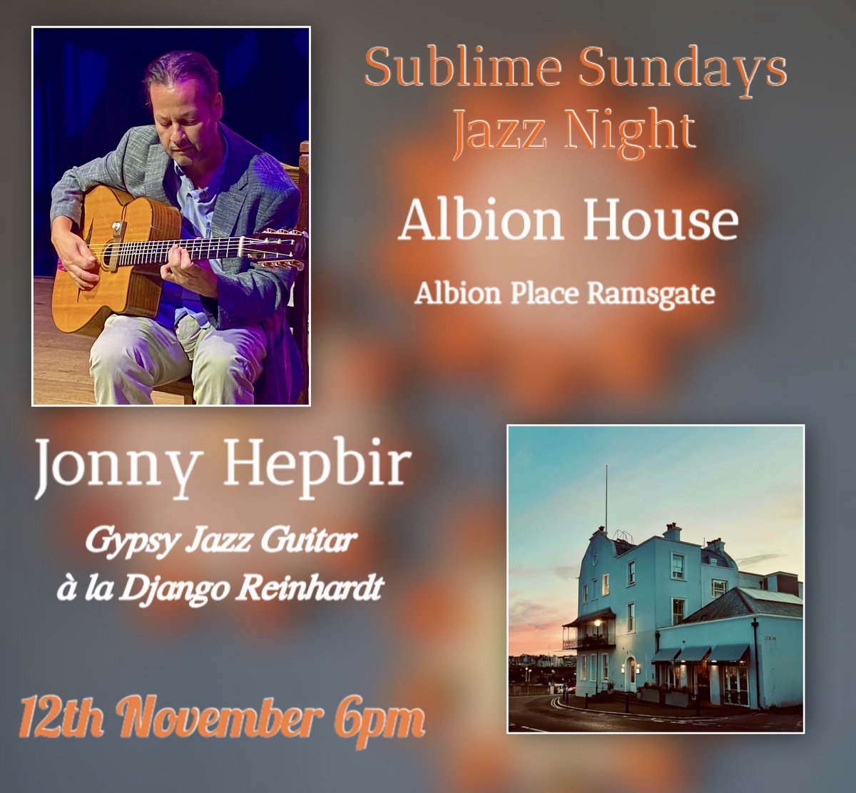 This coming Sunday 12th November from 6pm I’ll be playing #djangoreinhardt style #gypsyjazz #guitar at the sumptuous @albionhh in #ramsgate #kent come & eat fab food & drink in a chilled atmosphere with me playing catchy Parisian swing from yesterera! #ramsgatekent #albionhouse