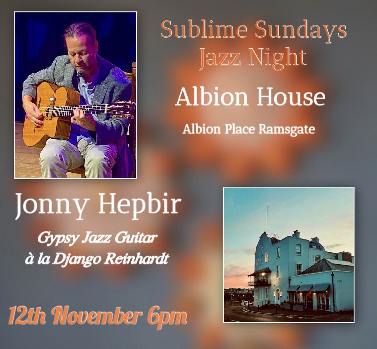 JonnyHepbir's tweet photo. This coming Sunday 12th November from 6pm Iβll be playing #djangoreinhardt style #gypsyjazz #guitar at the sumptuous @albionhh in #ramsgate #kent come & eat fab food & drink in a chilled atmosphere with me playing catchy Parisian swing from yesterera! #ramsgatekent #albionhouse https://t.co/nAUv2WSmQu