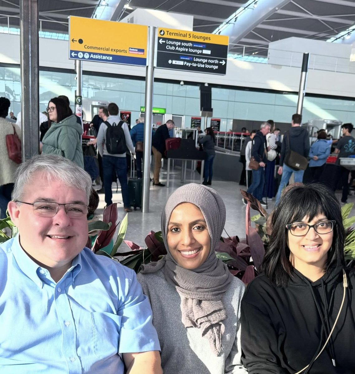 LDEUTC's tweet photo. The day has come! We are on our way to the @VarkeyFdn #globalteacherprize awards at @UNESCO  in Paris to support @ShafinaVohra who is one of the top 10 finalists!! Pictured at #heathrowterminal5 Shafina is accompanied with @GeoffreyJFowler  the CEO of @LDEUTC  and her cousin Naz. https://t.co/t0NL6H2Xww