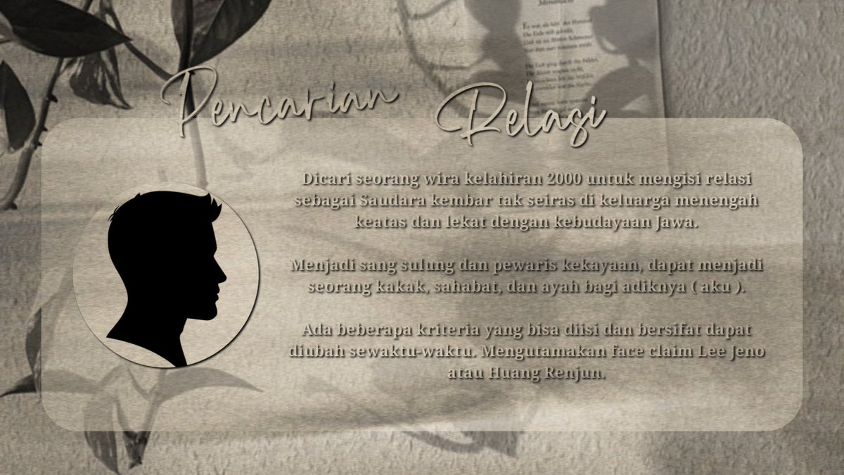 ᅠ

ᅠ
[ BANTU SEBARKAN. ]

Menggunakan keberuntungan untuk mencari seseorang yang ingin dan bisa mengisi relasi yang tertera. Ada beberapa yang telah ditentukan.
ᅠ

ᅠ