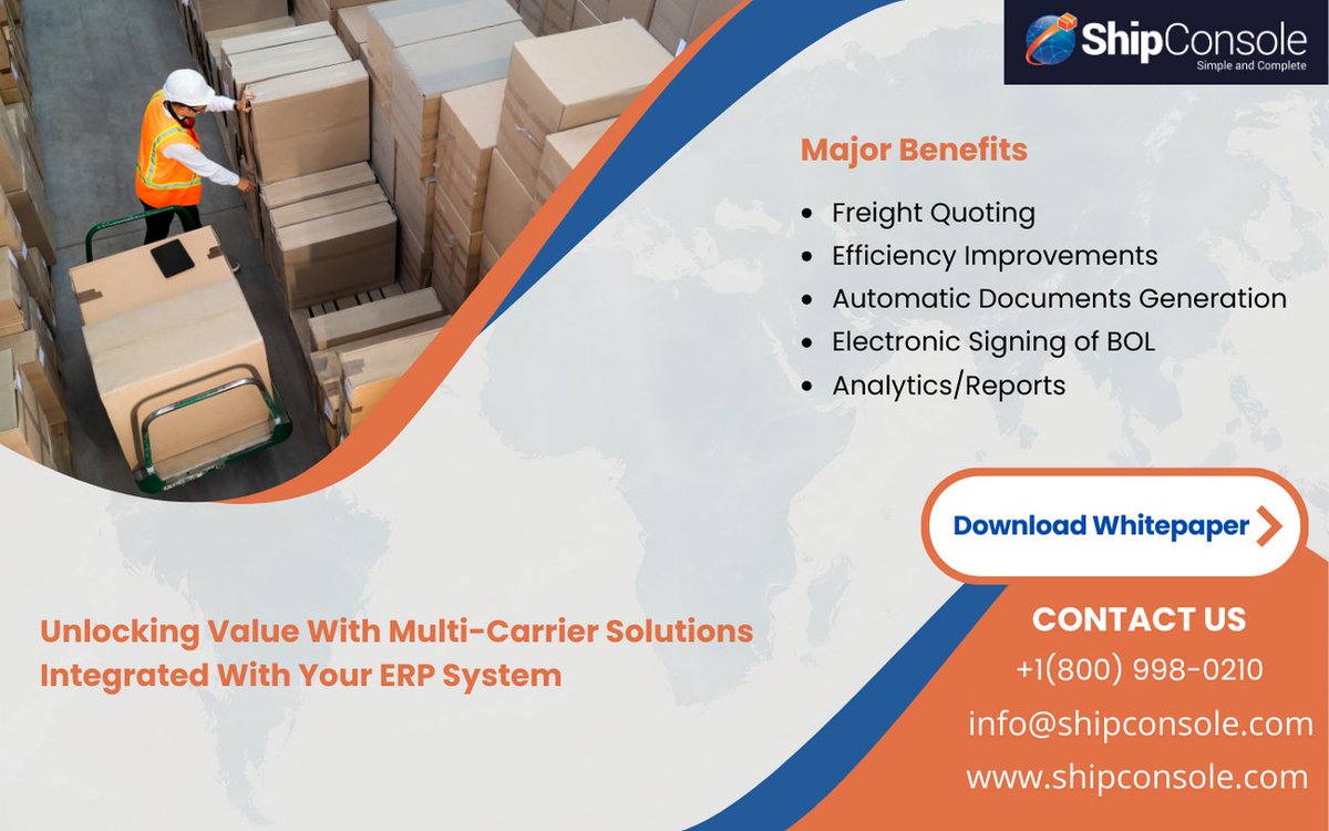 shipconsole's tweet image. We’re excited to share our latest whitepaper: &quot;OPTIMIZING FREIGHT SHIPPING: UNLOCKING VALUE WITH MULTI-CARRIER SOLUTIONS INTEGRATED WITH YOUR ERP SYSTEM.

Get the whitepaper here: tinyurl.com/mw9wetma
#FreightShipping #MultiCarrierSolutions #Logistics #SupplyChainManagement