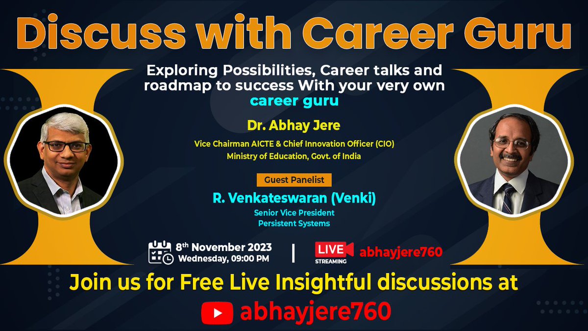 🚀 Join us for the Eighth episode of "Discuss with Career Guru".

Be ready for invaluable insights , expert advice and dynamic career discussion.

Stay tuned !
Channel : abhayjere760
Time: 9:00 p.m.
Date: 08/11/23
<a href="/AICTE_INDIA/">AICTE</a>

#careerguidance #careergrowth #studentsuccess