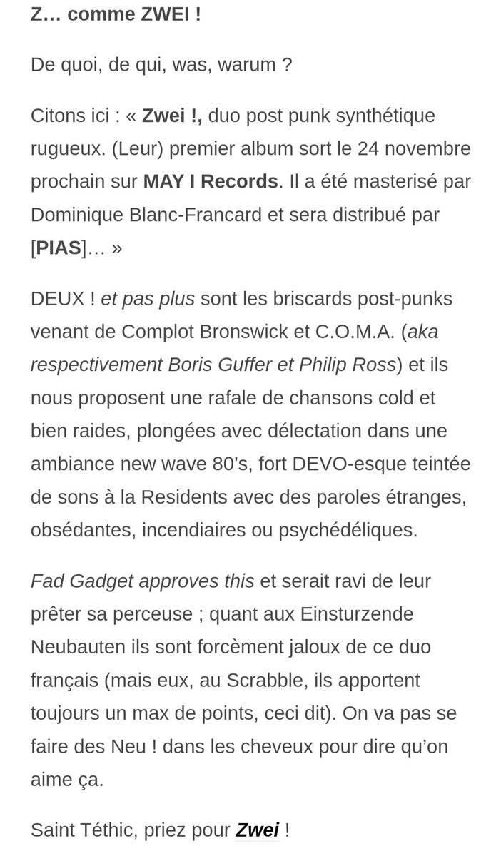MAYIRecLabel's tweet photo. ZWEI 
Bientôt disponible (24 novembre)  Déjà les premières chroniques sont publiées 🙏 @LongueurDondes la chronique Saint Thétic #zvei #premieralbum #mayirecords #coldwave #french #duo @piasfrance @GibertDisc @Fnac https://t.co/tWrGw2XixZ https://t.co/vL3YgbLhQh