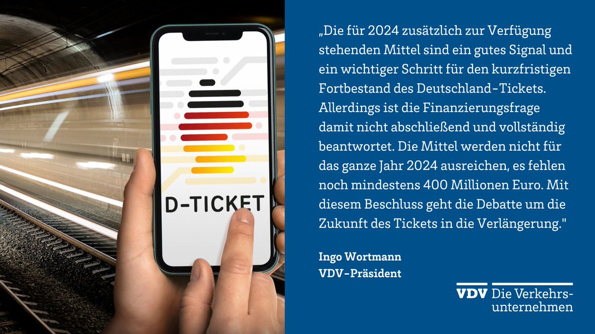 VDV_Verband's tweet photo. Finanzierung des #Deutschlandticket|s nur kurzfristig gesichert ❗️

#MPK beschließt Übertrag der Restmittel aufs nächste Jahr, aber keine Nachschusspflicht. Das sichert den Fortbestand des D-Tickets nur kurzfristig.

👉Die Finanzierungslücke ist damit nur zum Teil  geschlossen. https://t.co/4JNMc1kJwp