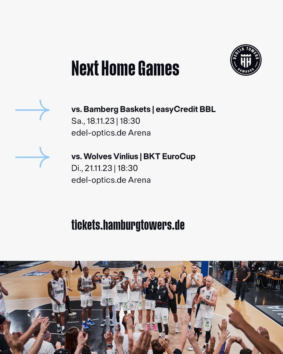 hamburgtowers's tweet photo. 🏀😇 @easyCreditBBL-Zwischenstand nach dem 6. Spieltag.
Morgen treffen wir im @EuroCup auf @BJK_Basketbol, Samstag steht das nächste #BBLGame in Göttingen auf dem Programm.
📅 Safe the dates: Towers-Heimspiele!
🎫 https://t.co/it7MMWYxXo #VeoliaTowersHamburg https://t.co/VY5sfeOoCx