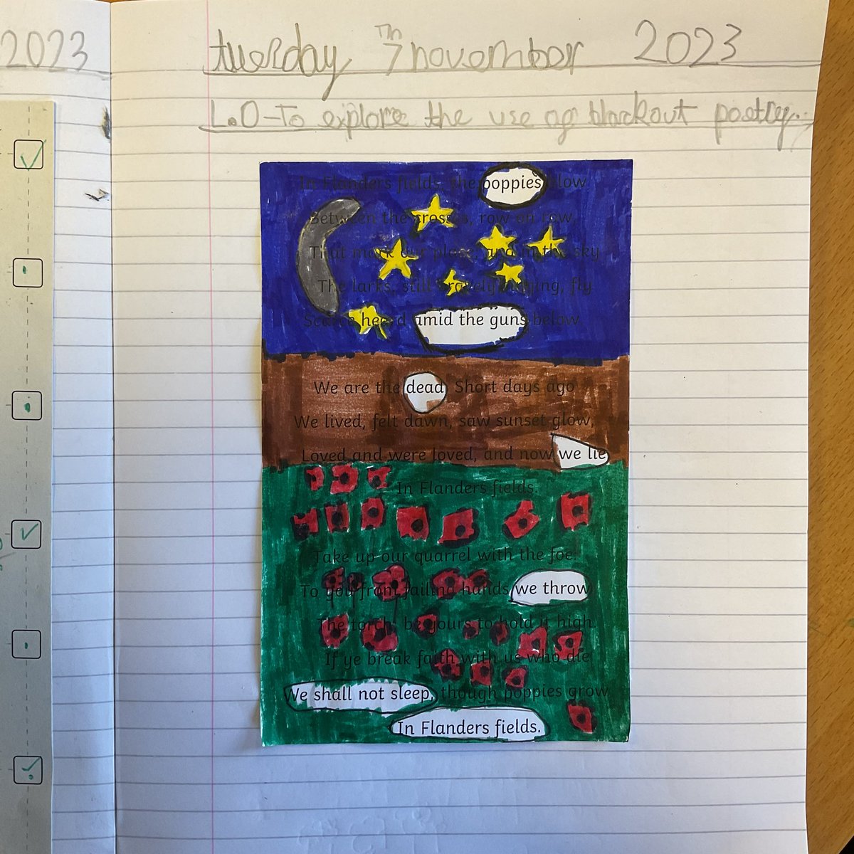 Year 4 have have created some blackout poetry using extracts from various books and poems for Armistice week today. What an amazing job they have done! <a href="/MissLinklater/">Miss Linklater</a> <a href="/BoothferryPS/">Boothferry Primary #weareBoothferry</a>