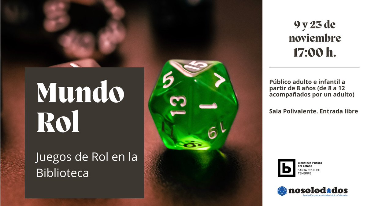 nosolodados (@nosolodados) on Twitter photo 2023-11-07 11:47:07 Este jueves 9 de noviembre jugaremos a rol en la @BiblioTenerife. Estaremos en la sala polivalente a partir de las 17:00. ¿Te apuntas? Este jueves 9 de noviembre jugaremos a rol en la @BiblioTenerife. Estaremos en la sala polivalente a partir de las 17:00. ¿Te apuntas?