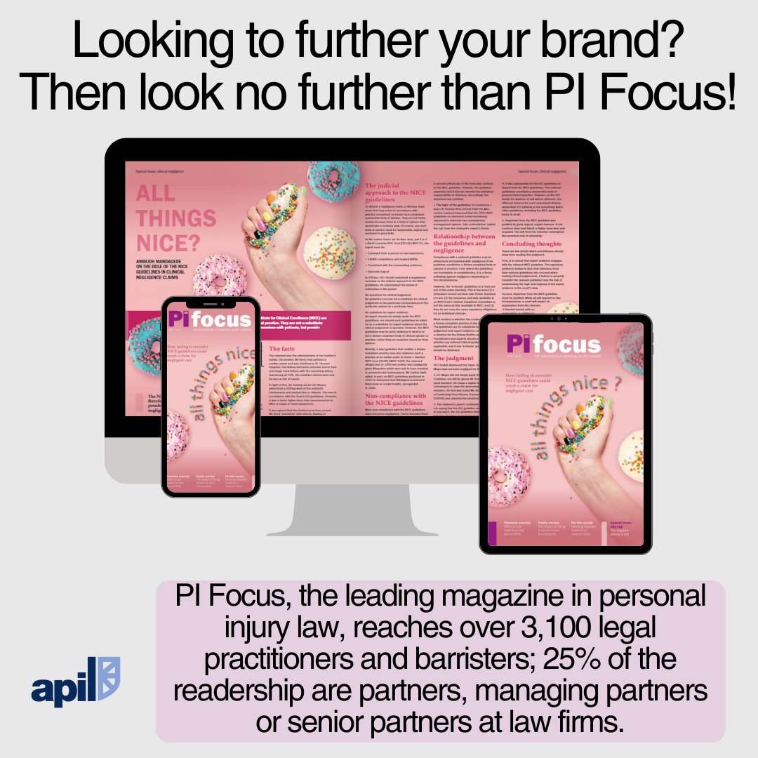If you want your brand to be noticed by key decision makers within the personal injury law sector, #advertise in <a href="/APIL/">APIL</a>'s PI Focus, the leading PI law magazine

For more information and to book your space, contact kirstylouise@apil.org.uk or visit apil.org.uk/advertising-op…