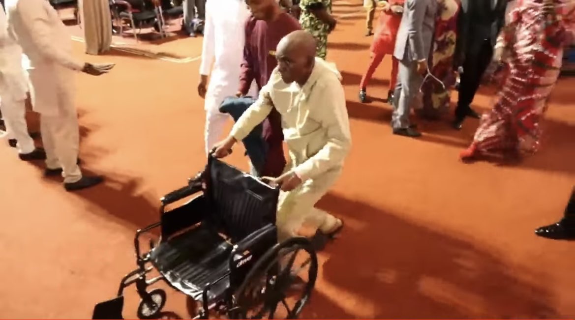 Row_Haastrup's tweet photo. Baba flew in from the US for the Healing & Deliverance service today.
He had been diagnosed with Cancer of the Intestine.

He has not been able to eat for the past 3 months & has been condemned to a wheelchair for the period.

He came in that condition.
But at the name of Jesus, the power of God hit him, he jumped out of his wheelchair & began to push the same wheelchair that was you used to bring him to church.

There is power in that name JESUS