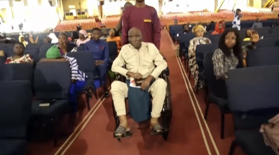 Row_Haastrup's tweet photo. Baba flew in from the US for the Healing & Deliverance service today.
He had been diagnosed with Cancer of the Intestine.

He has not been able to eat for the past 3 months & has been condemned to a wheelchair for the period.

He came in that condition.
But at the name of Jesus, the power of God hit him, he jumped out of his wheelchair & began to push the same wheelchair that was you used to bring him to church.

There is power in that name JESUS
