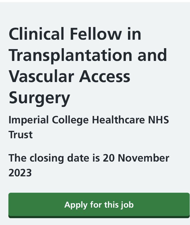 Frank Dor (@frank_dor) on Twitter photo Interesting job for #transplant #surgeons at the Hammersmith Hospital in London! <a href="/ImperialTxGroup/">Imperial Transplant Group</a> <a href="/ImperialNHS/">Imperial NHS ๐</a>
Great exposure to all aspects of kidney & pancreas transplantation, living kidney donation & dialysis access surgery! <a href="/ESOTtransplant/">ESOTtransplant</a>
jobs.nhs.uk/candidate/jobaโฆ Interesting job for #transplant #surgeons at the Hammersmith Hospital in London! <a href="/ImperialTxGroup/">Imperial Transplant Group</a> <a href="/ImperialNHS/">Imperial NHS ๐</a>
Great exposure to all aspects of kidney & pancreas transplantation, living kidney donation & dialysis access surgery! <a href="/ESOTtransplant/">ESOTtransplant</a>
jobs.nhs.uk/candidate/jobaโฆ