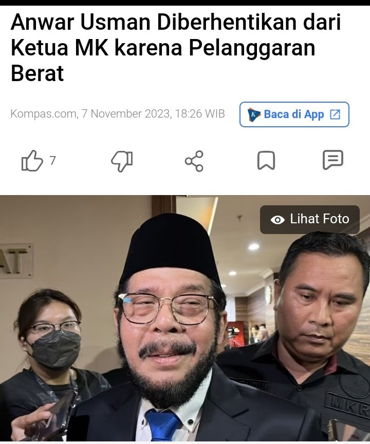 Wow, Anwar Usman diberhentikan dari ketua MK karena pelanggaran berat Anwar terbukti melakukan pelanggaran kode etik atas uji materi perkara nomor 90/PUU-XXI/2023 tentang batas usia capres-cawapres Keadilan akan mencari jalannya sendiri, MKMK MKMK ☺️☺️