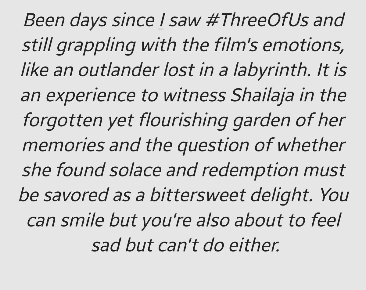 Bittersweet: You are neither happy nor sad, but both at once.  #ThreeOfUs 

Full review here: shorturl.at/styQ0

Gratitude 🙏 @ShefaliShah_ @JaideepAhlawat #AvinashArunDhaware @MatchboxShots @AlluEnts @Saritagpatil @swanandkirkire