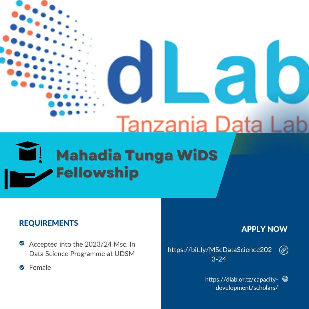 📢 Calling all female data scientists enrolled at University of Dar es Salaam_CoICT 2023/24! We're excited to announce our Postgraduate Data Science Scholarship under The Mahadia Tunga WiDS Fellowship. 
Apply now and redifine what's possible
bit.ly/MScDataScience…