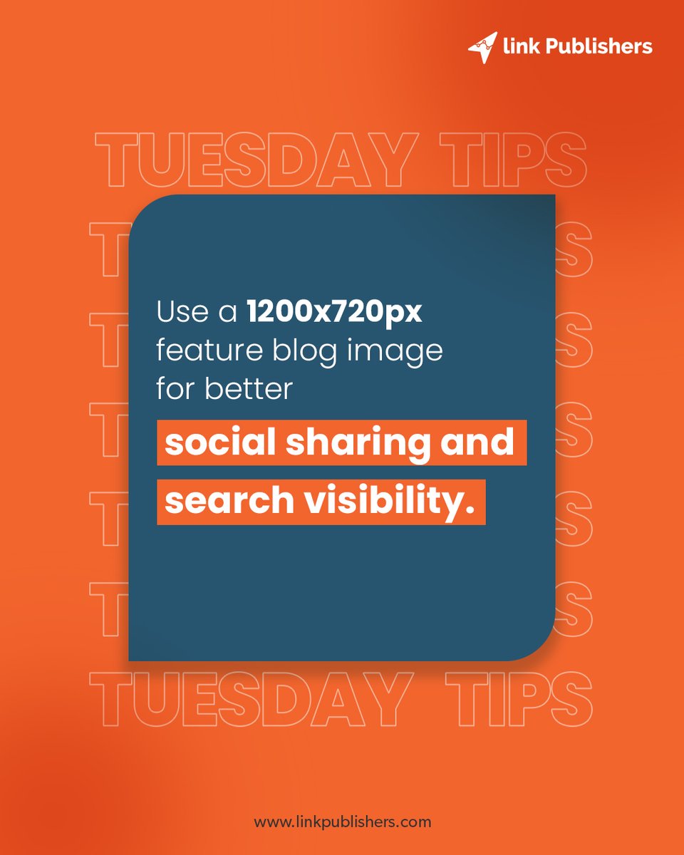 Link_Publishers's tweet photo. Tuesday Tip: Boost your social sharing and search visibility by using a 1200x720px feature blog image! 📸✨

#TuesdayTip #socialmediatips #SearchVisibility #FeatureImage #visualcontent #digitalmarketing #contentstrategy #seo #bloggingtips #socialsharing #imageoptimization https://t.co/egKFsbG6YZ