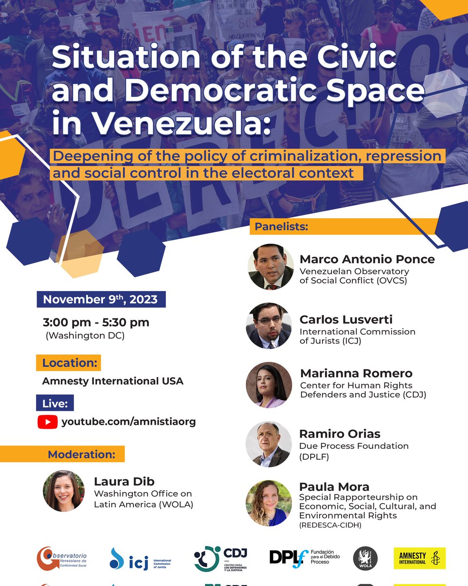 #SideEvent Situation of Civic and Democratic Space in Venezuela 🗓 #9Nov 4pm 🇻🇪 📡 youtube.com/watch?v=PIbmGS… Panelists: •Marco Antonio Ponce - @OVCSocial •@Lusverti - @ICJ_org •@MariannaRomeroM - @DefensoresDDHH_ •@ramiro_orias - @DPLF_info •Paula Mora - @DESCA_CIDH