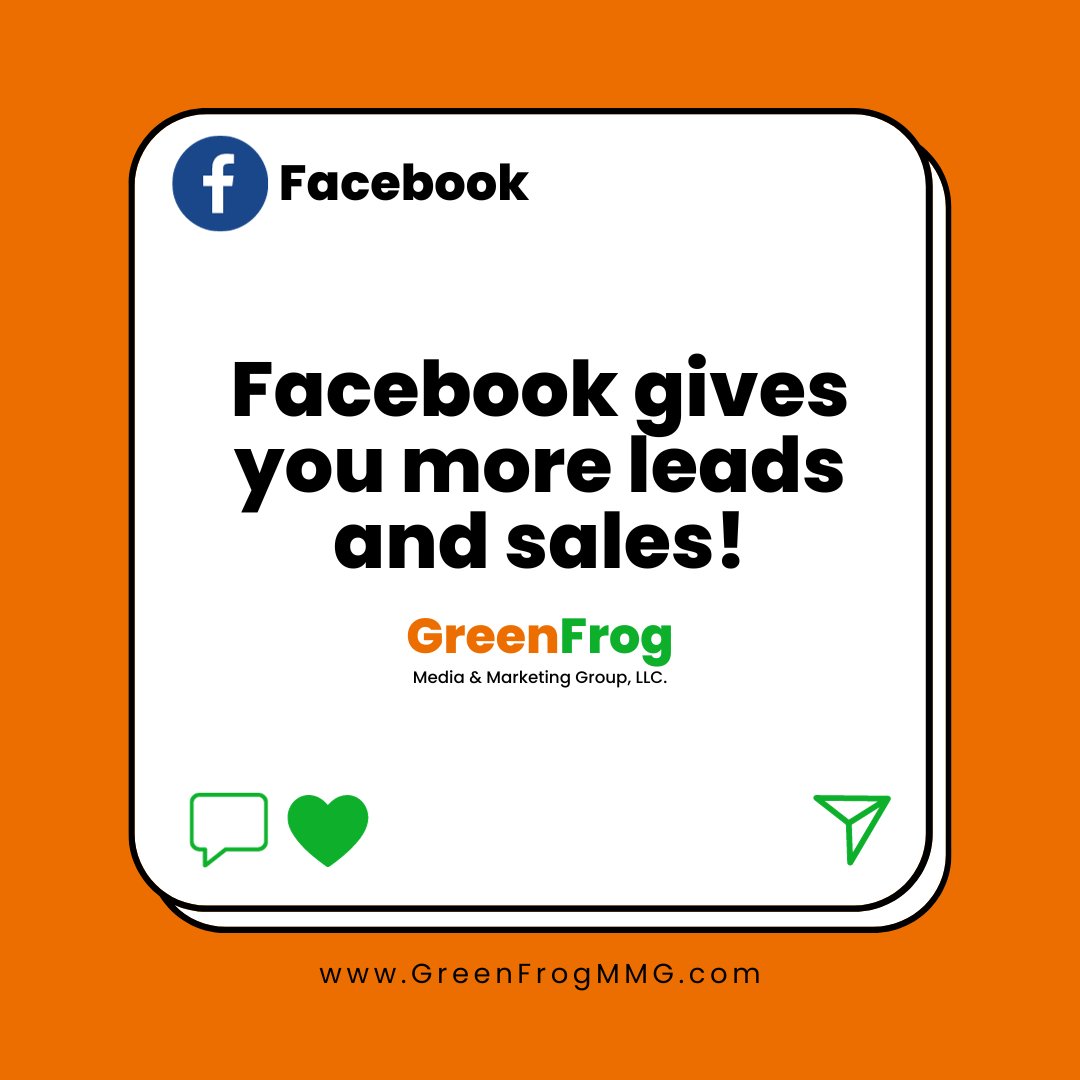 GreenFrogMMG's tweet photo. According to recent surveys, Facebook is the platform that gives you more leads and sales!

So, if you're not prioritizing your Facebook strategy, now's the time!

Check out our Social Media Marketing services here:
https://t.co/h8TtbNqyFG https://t.co/G9tKSS1GuW