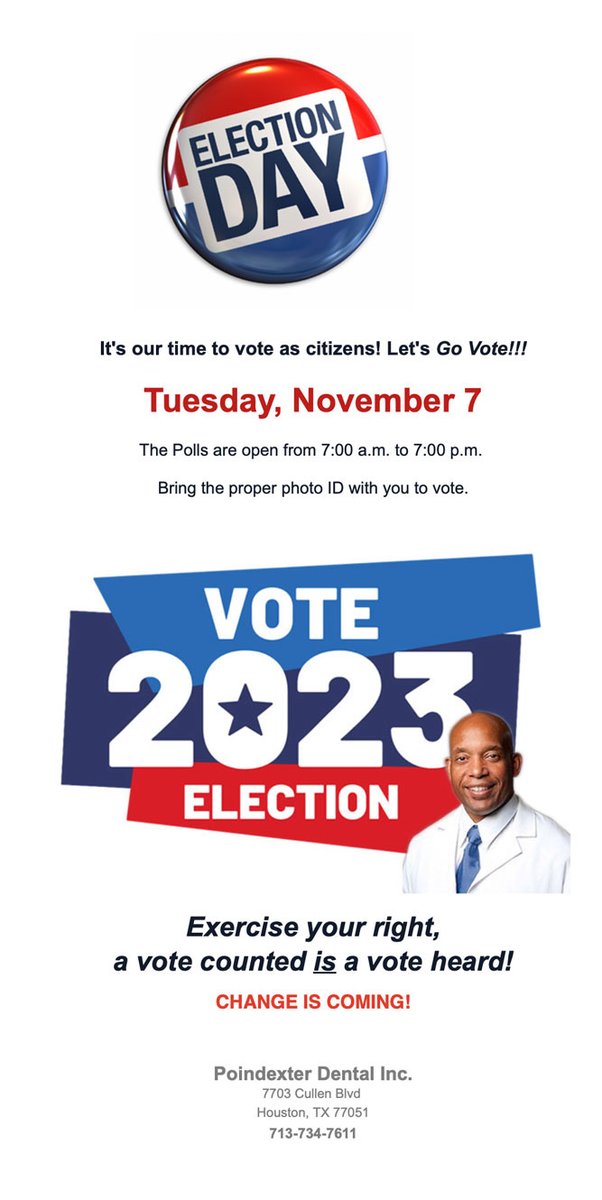 PDIsmiles's tweet photo. It's Election Day! Make a Choice to Make a Difference.  #vote #electionday #gotothepolls #yourvotematters #poindexterdental https://t.co/eIXeuQxotl