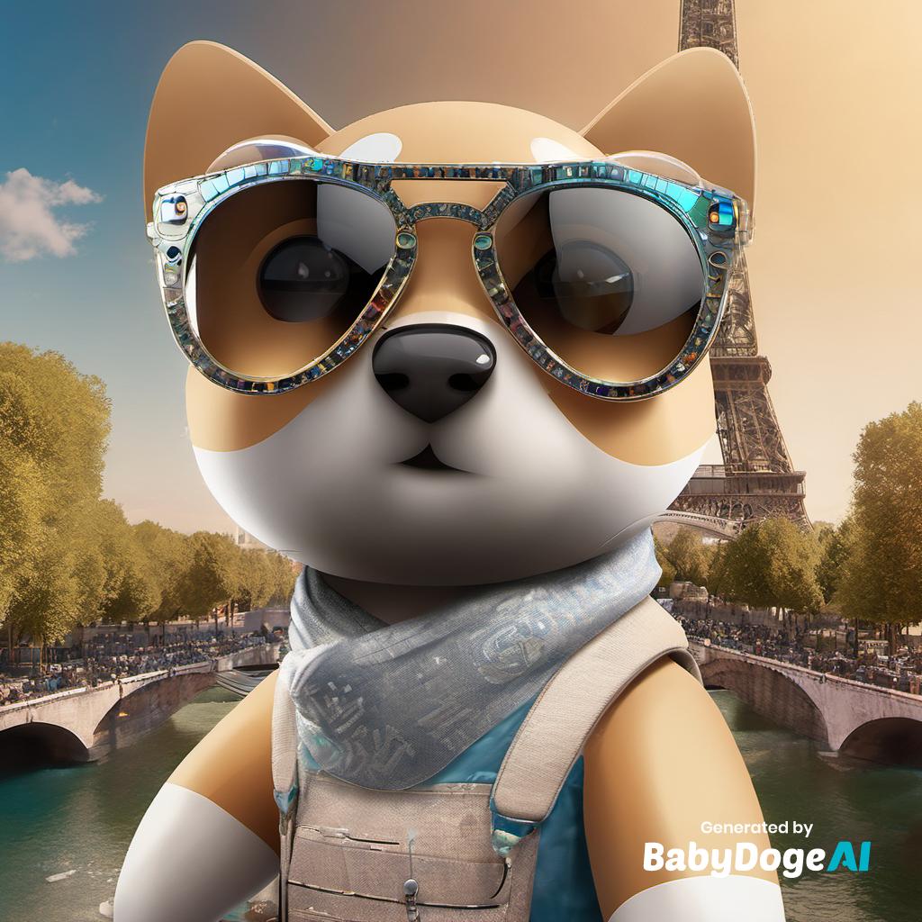 BabyDoge's tweet photo. "16k Crystal clear HD image of babydoge wearing sunglasses standing infront of Eiffel tower in Paris, cyberpunk style, extremely detailed " Generated via #BabyDogeAi Generate your own now at https://t.co/tyex8v7Qfm https://t.co/WQJH5vRxVg