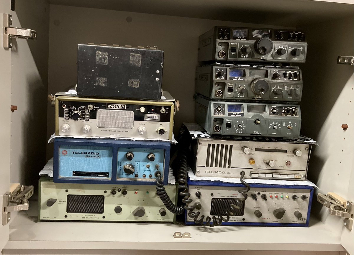 Vkthreepi's tweet photo. Finally after much #manual work the 6 x new cupboards have been installed. First one has been filled with #projects - #Codan #AWA & spare #FT7 units. Now the focus gets back to #masts #antennae and #coax cables while I sort through other #treasures for storage #hamradio #nowaste https://t.co/9CvqPp9m3X