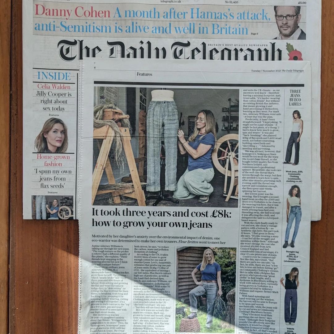 Thanks @fleurbritten for featuring @TheWildDyery @Fibershed inspired #WomanGrowsJeans project in @Telegraph today! Running tandem with the #HomegrownHomespun collab with @paddygrant et al both advocate for divestment from #fossilfuelfashion for #soiltosoil regenerative clothing