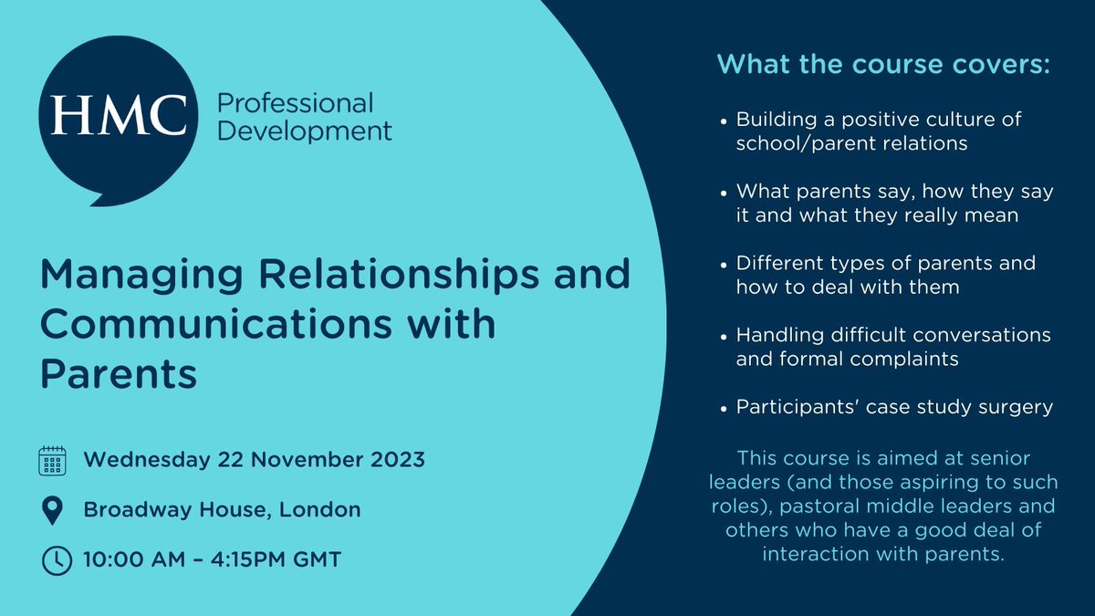 Join us in London on 22 November for Managing Relationships &amp; Communications with Parents, <a href="/HMCPD/">HMCPD</a>'s new course designed &amp; led by former <a href="/HMC_Org/">HMC (The Heads' Conference)</a> head, Chris Jeffery <a href="/CPJeffery/">Chris Jeffery</a>. Register now to learn more about building positive connections with parents: buff.ly/408hrlz