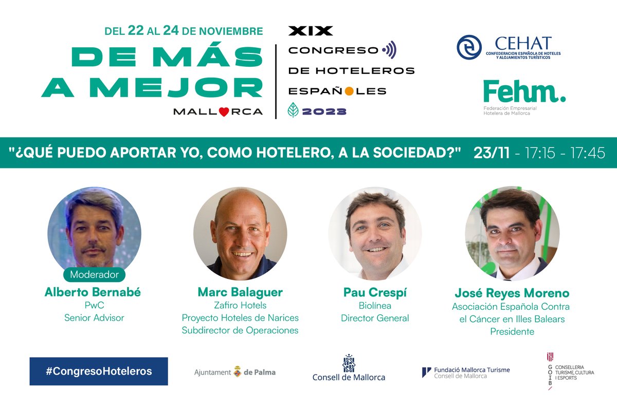 🫶 La #solidaridad estará también presente en el #CongresoHoteleros. Descubriremos ejemplos de #AcciónSocial junto a:  

🗣️ <a href="/ZafiroHotels/">Zafiro Hotels</a>: Proyecto Hoteles de Narices 
🗣️ <a href="/Biolinea_com/">Biolinea.com</a>: Proyecto Hotecma 
🗣️ <a href="/asociacionAECA/">AECA</a> Baleares 
🗣️ <a href="/PwC_Spain/">PwC España</a>

🎟️ congresohoteleros.com