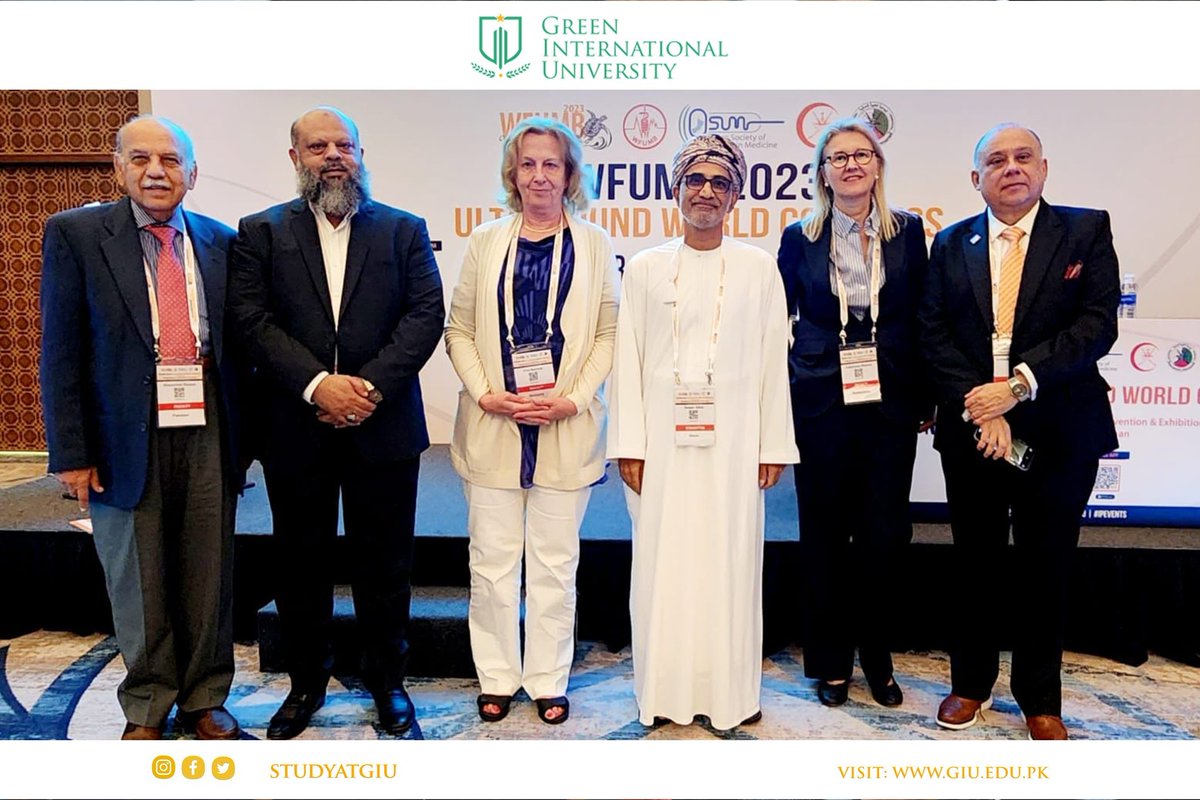 studyatgiu's tweet photo. Prof.Dr. Syed Amir Gilani, Rector of #GreenInternationalUniversity, Lahore, showcased his expertise with a lecture on "Ultrasound of Peripheral Nerves" at the WFUMB Conference in Muscat, Oman. He signed MOUs and exchanged souvenirs with global ultrasound experts. #studyatgiu https://t.co/oyXvyYJOav