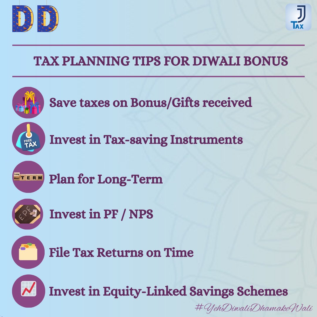 Tax Planning Tips for a Prosperous Future 🪔📊

Here are six key tips to maximize your Diwali bonus and ensure a brighter tomorrow -

#YehDiwaliDhamakeWali #DiwaliBonus #TaxPlanning #JJTaxFitt #TheYearofJJTax #jjtax #updates #taxes #feelfree #stressfreefiling